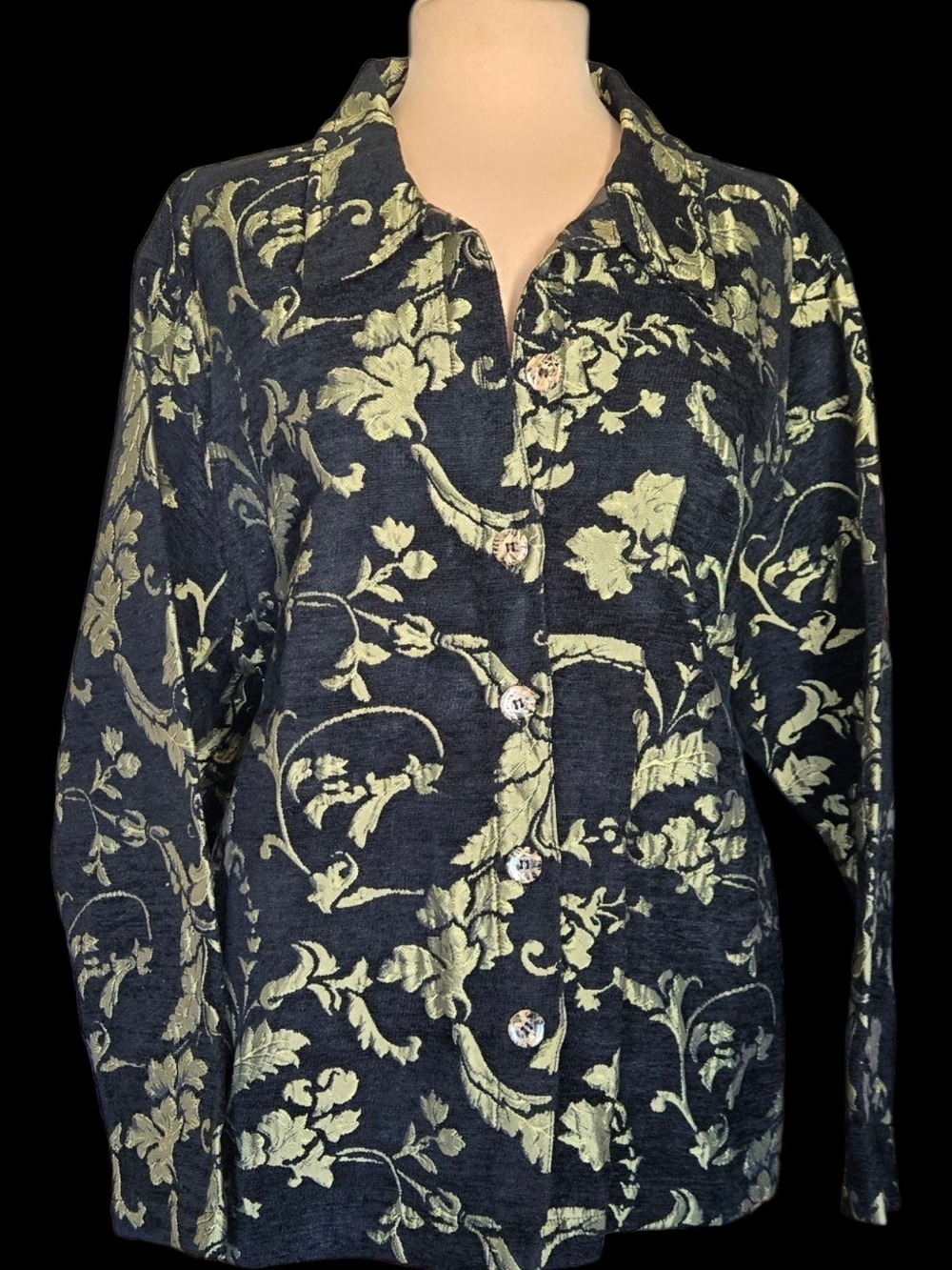Floral Jacquard Tapestry Button Up Top Black & Gold Sz 1x